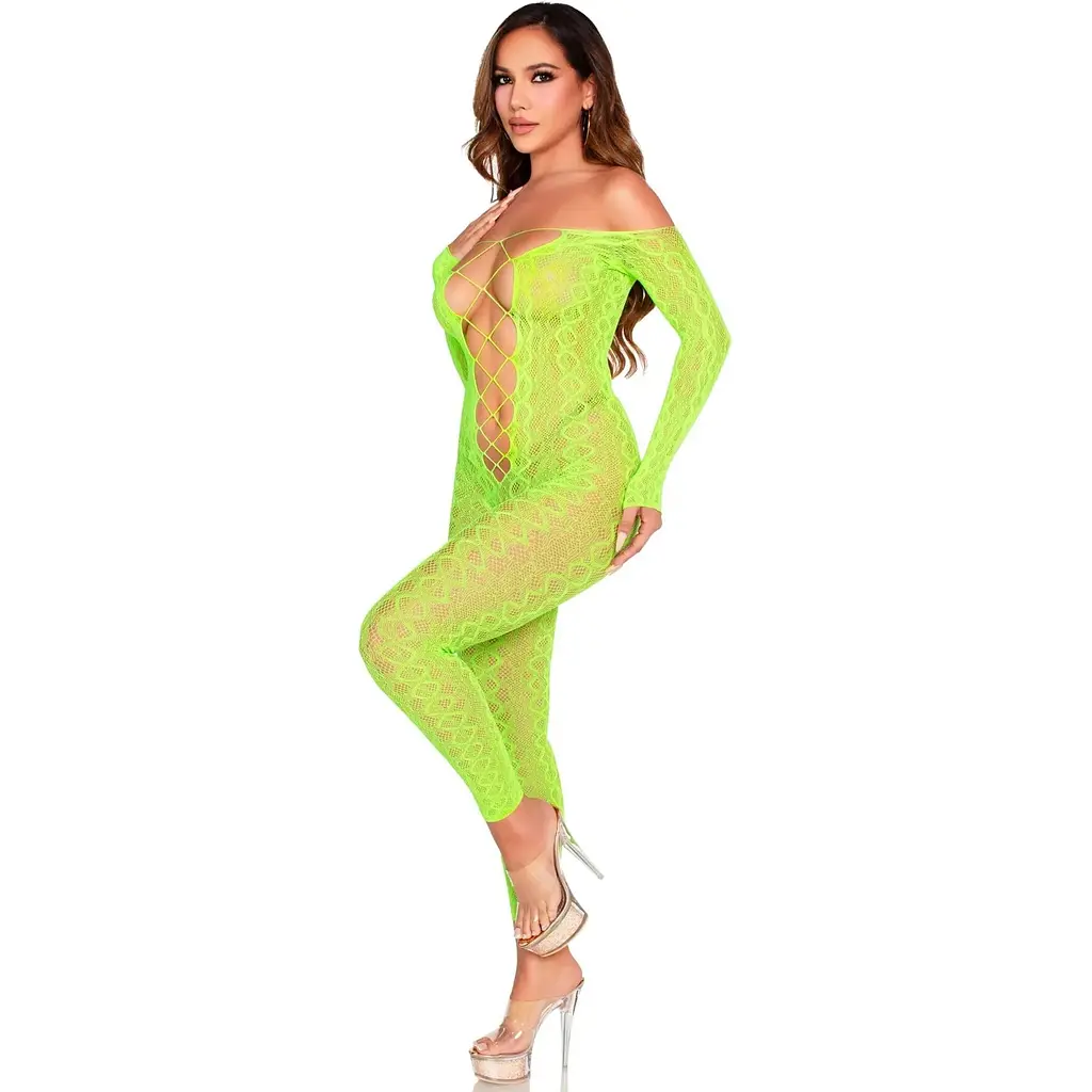 Бодістокінг Leg Avenue Crotchless Footless Lingerie Bodystocking One Size Neon Green - фото 4