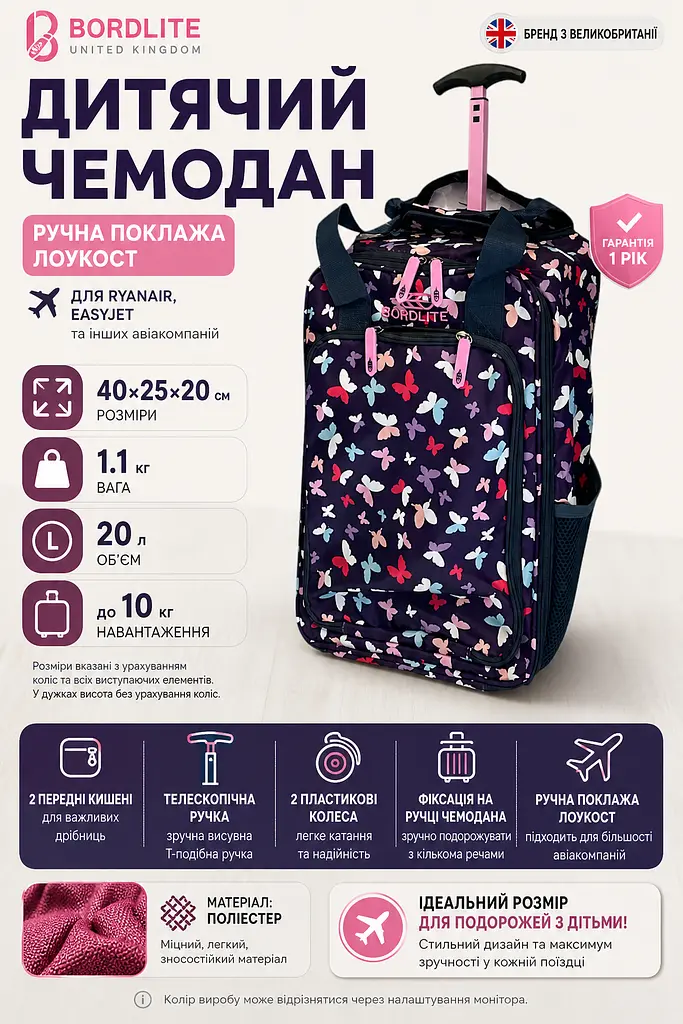 Валіза міні XS Bordlite JBTB90/butterfly для ручної поклажі 40х25х20 см Різнокольорова - фото 3