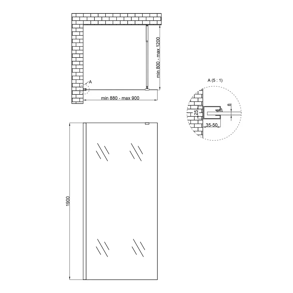 Душова перегородка Qtap Walk-In Standard CRM209.C8 90x190 см, скло Clear 8 мм, покриття CalcLess, універсальна, прозорий - фото 2