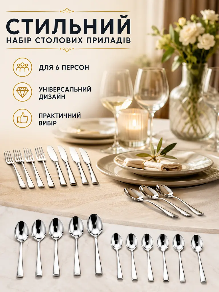 Набір столових приборів 24 предмети на 6 персон з нержавіючої сталі сріблястий у коробці (49676068) - фото 4