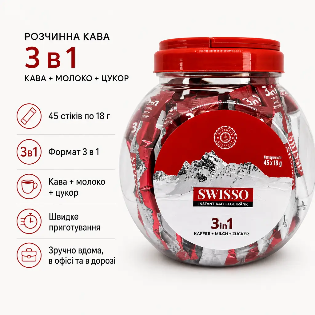 Кава розчинна Swisso Kaffee 3в1 кава молоко цукор у стіках 45 х 18 г банка - фото 3