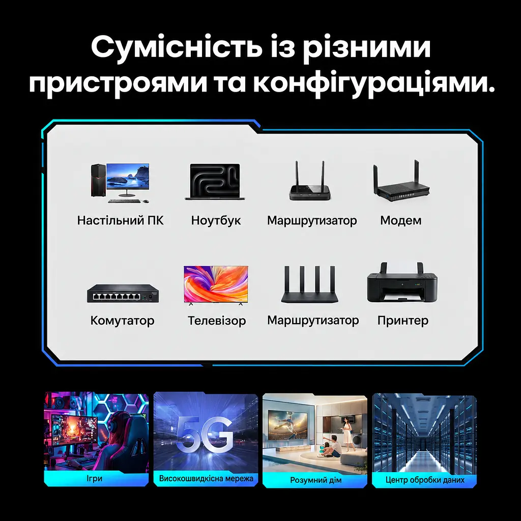 Патч-корд Ethernet Vention 1 м LAN-кабель RJ45 8P8C на обох кінцях Cat8 теоретично до 40 Гбіт/с за підтримки 40GBASE-T обома портами та відповідності всіх компонентів мережевого каналу Cat8 подвійне екранування SFTP гнучка оболонка з ПВХ смуга пропускання 2000 МГц чорний (IKRBF) - фото 8