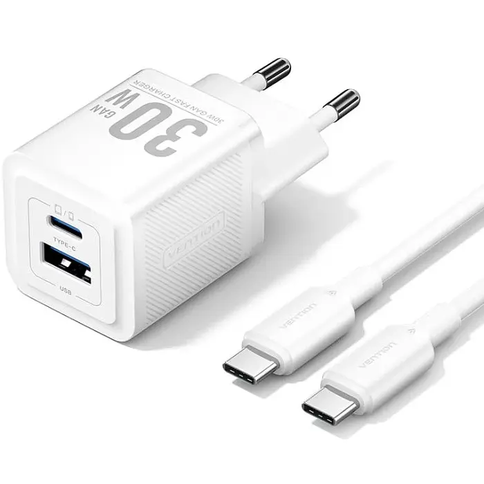 Зарядний пристрій 2xUSB 30W (USB-A/USB-C) + USB-C cable М-М Білий Vention - фото 2