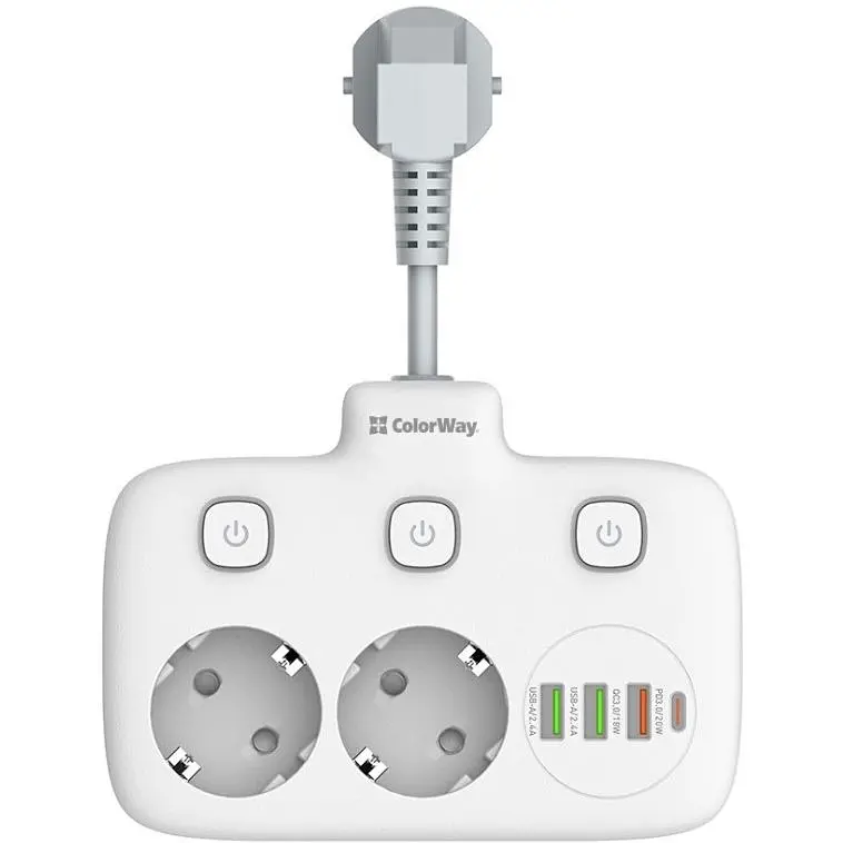 Сетевой фильтр СolorWay 0.025 м White 2xРозетки 220V 3xUSB 1xType-C 10 A до 2.5 кВт USB Auto ID QC3.0 PD (CW-CHE24PDW) - фото 2
