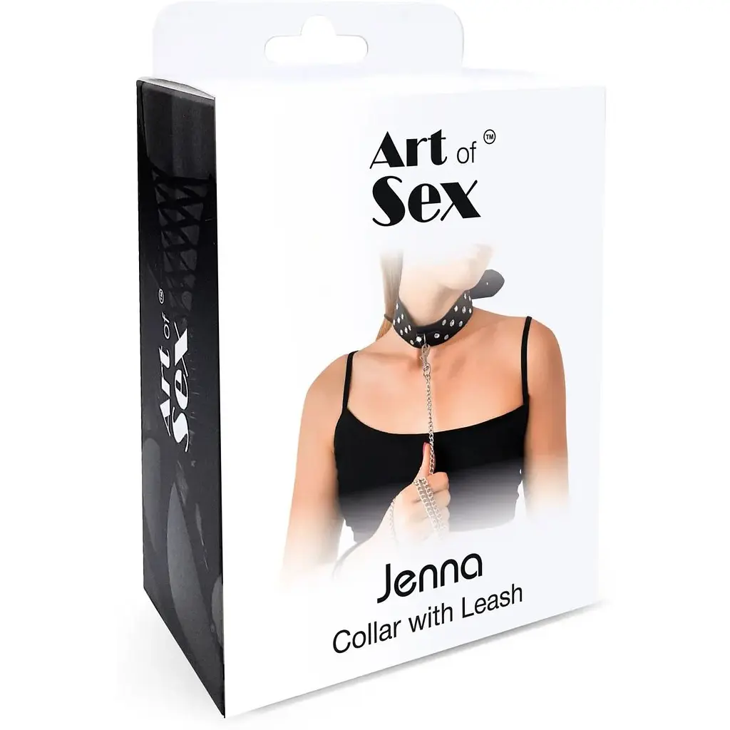Нашийник з повідцем із натуральної шкіри із заклепками Art of Sex - Jenna Collar With Leash, чорний - фото 4
