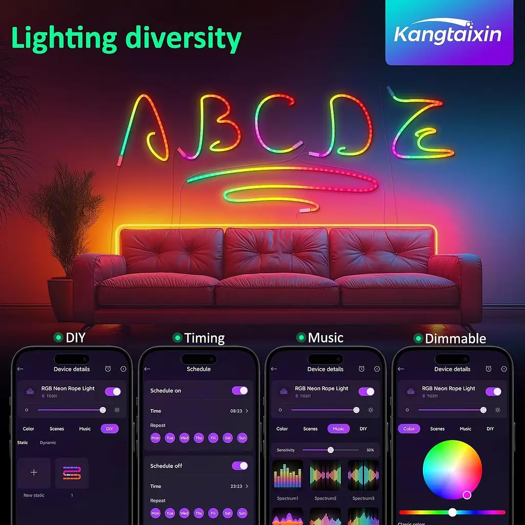 Kangtaixin 3.3FT/1M Світлодіодні неонові мотузкові світильники, RGB LED Strip Lights Керування застосунком, синхронізація музики - фото 5