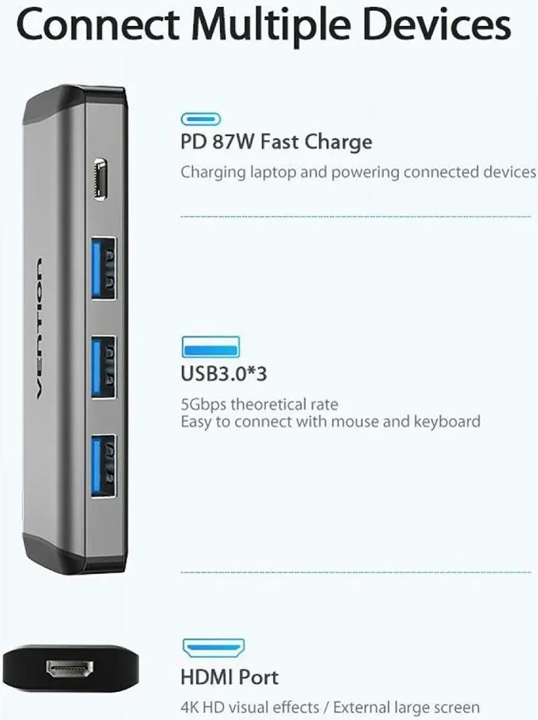 Компактний хаб для ПК і ноутбука з 5 портами та підтримкою 4K Vention Type-C to HDMI USB3.0*3 PD Converter - фото 5