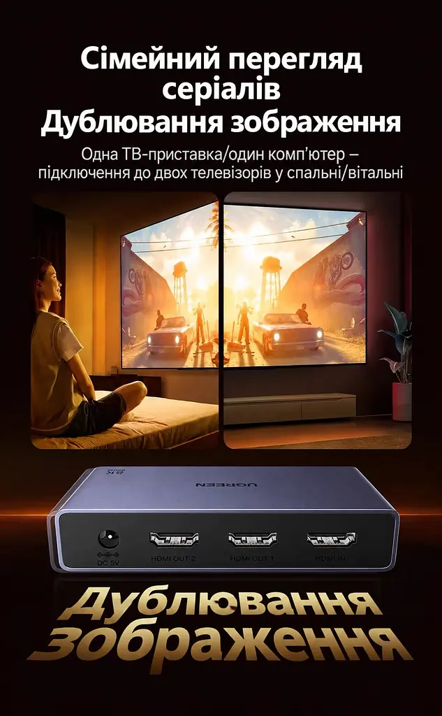 Розподільник відеосигналу UGREEN CM694 сплітер 1 вхід 2 виходи HDMI 2.1 8K 60 Гц 4K 240 Гц (25149) - фото 3