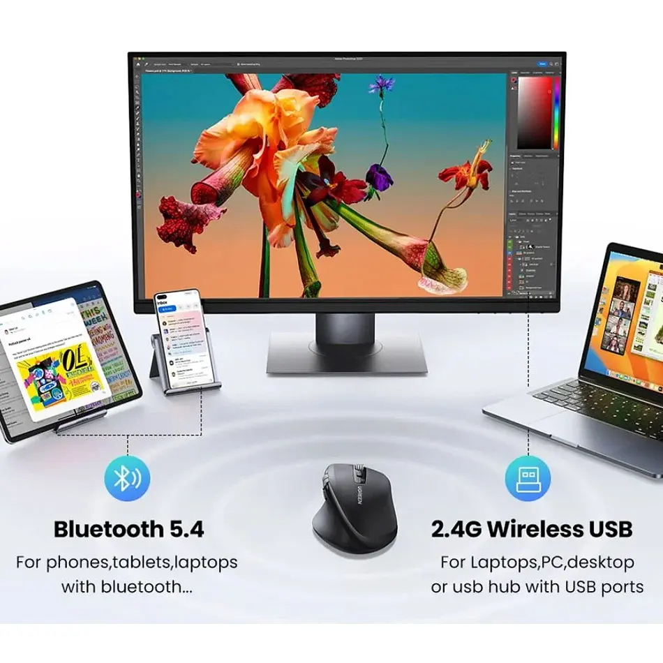 Мишка UGREEN 2.4GHz&BT M751 Ergonomic Contoured-Shape, бездротова, 5000dpi., 5кн., Чорна - фото 5
