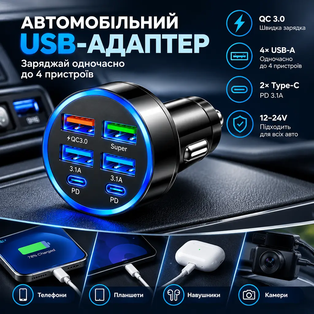 Автомобільний зарядний пристрій 6-в-1 PowerHub 100Вт (4USB + 2PD) - фото 8