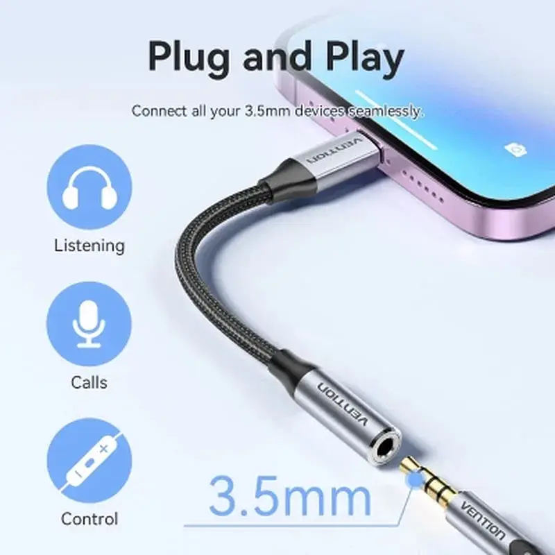 Перехідник Lightning to 3.5mm 0.1m cotton braided aluminum gray Vention (BMBHA) - фото 11