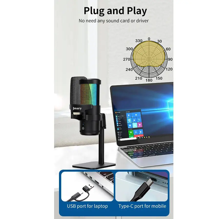 Професійний студійний конденсаторний мікрофон Jmary MCPW13 USB RGB Black - фото 12