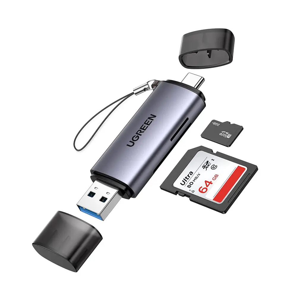 Кардридер UGREEN CM185 зі штекерами USB-A та USB-C для одночасного читання SD і microSD інтерфейс USB 3.0 до 5 Гбіт/с передавання даних із карт приблизно 100 МБ/с для смартфонів і планшетів із USB-C та підтримкою OTG без драйверів для Windows macOS і Linux сумісний також із ChromeOS та iPad із USB-C із пружинним виштовхуванням microSD з ремінцем для носіння темно-сірий (50706)