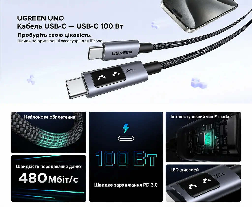 Кабель UGREEN Uno L509 USB-C - USB-C PD 100 Вт з дисплеєм 0,5 м чорно-сірий (45612) - фото 2