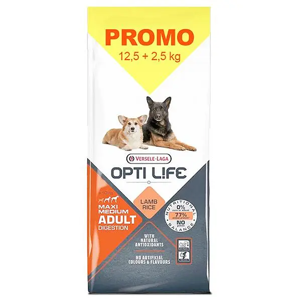 Сухий суперпреміум корм Opti Life Adult Digestion Medium & Max Promo Опті Лайф для собак середніх і великих порід Промо 12.5 кг + 2.5 кг (310168)