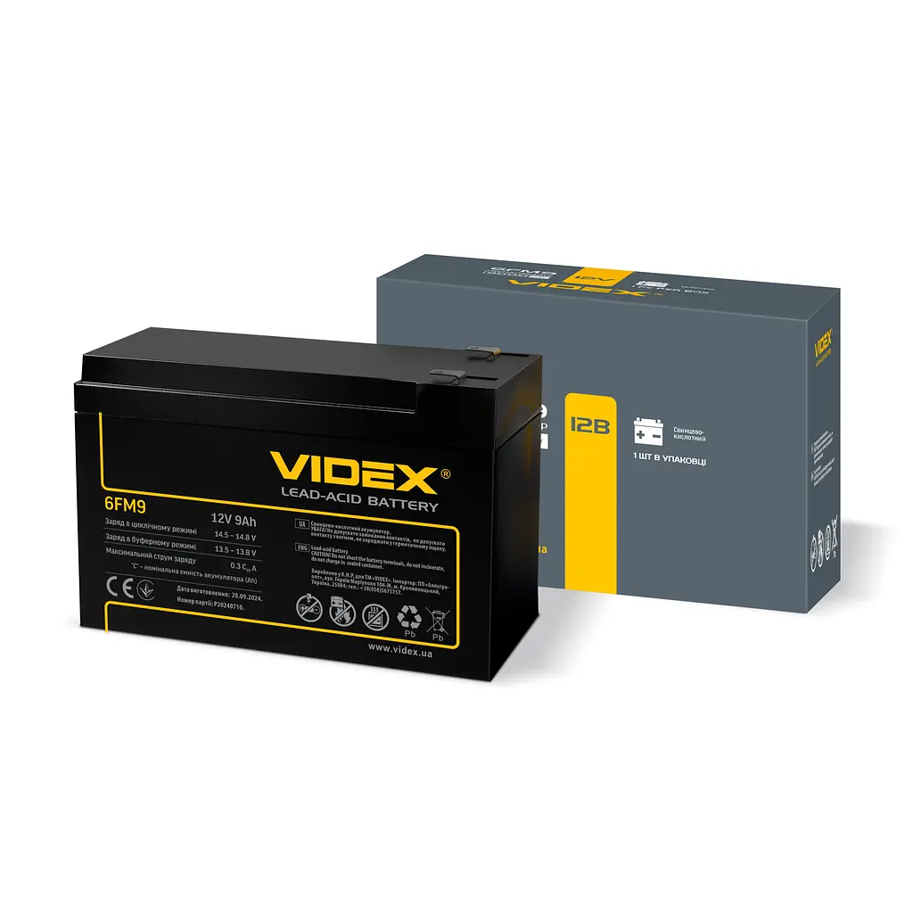Акумулятор свинцево-кислотний Videx 6FM9 12V/9Ah color box 1 VIDEX (25081-000)