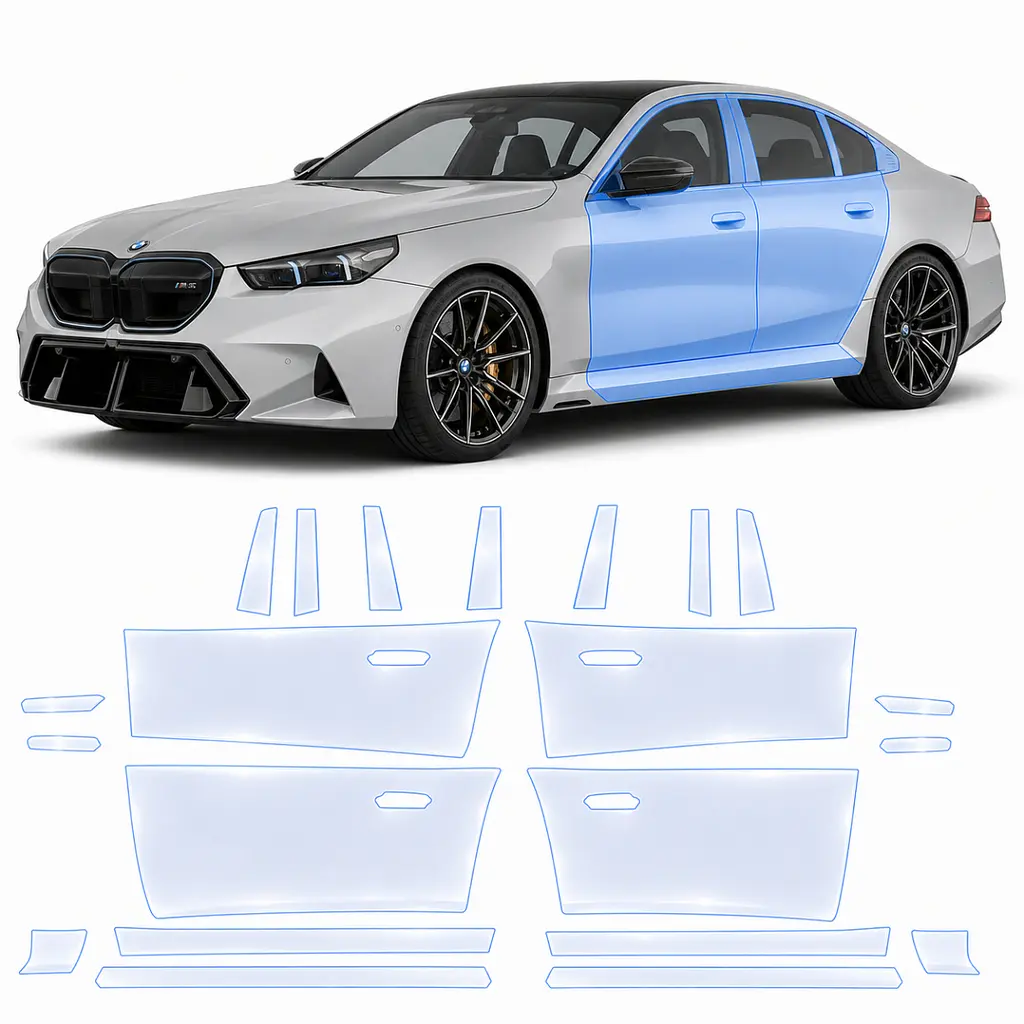 Антигравійна захисна бронеплівка за лекалами для BMW M5 G90 2024- зони дверей і стійки вікон
