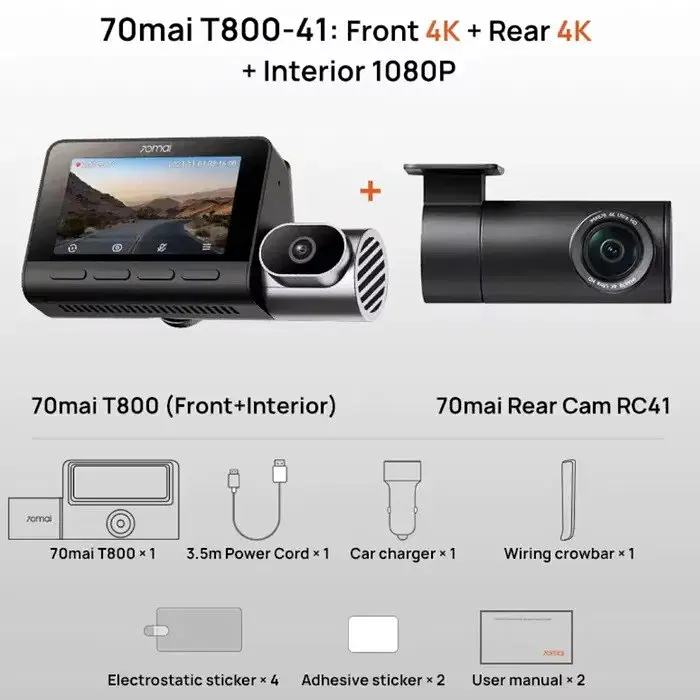 Відеореєстратор 70mai Dash Cam T800-41 4K комплект + Rear Cam RC41 4K - фото 3