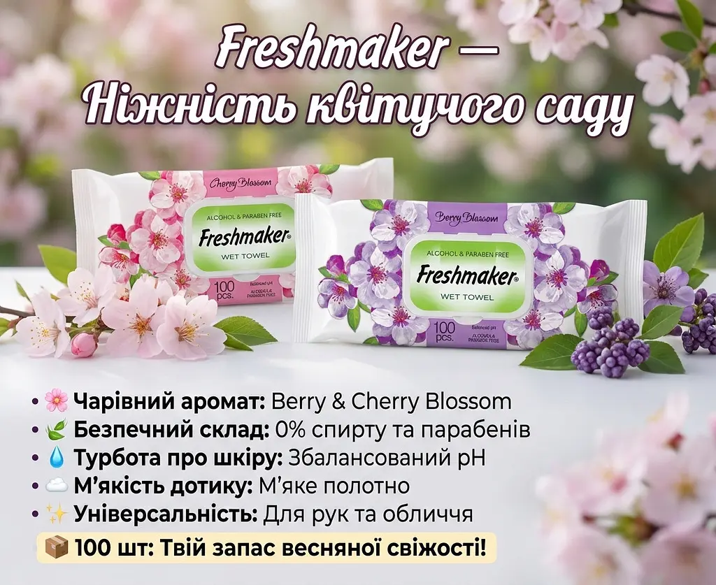 Вологі серветки універсальні Freshmaker Berry/Cherry Blossom 100 шт. Велика пачка серветок з клапаном - фото 2