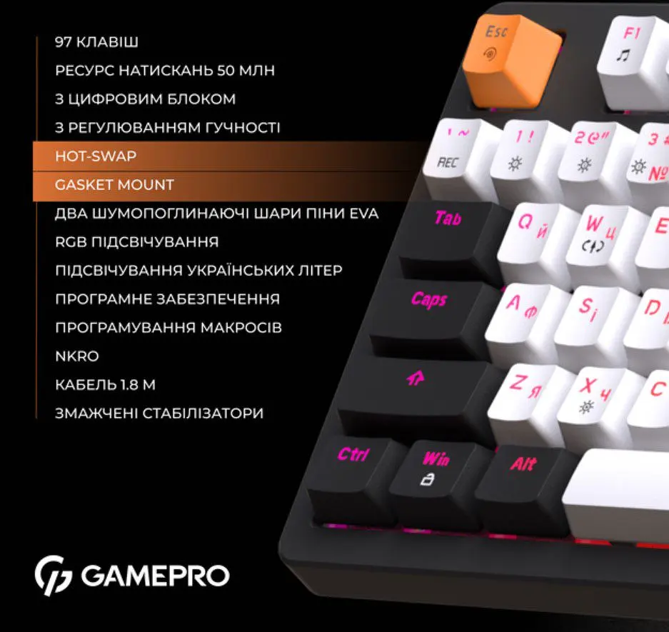 Механічна ігрова клавіатура GamePro GPMK-170 Outemu Red Switch Hot-Swap RGB Black - фото 11