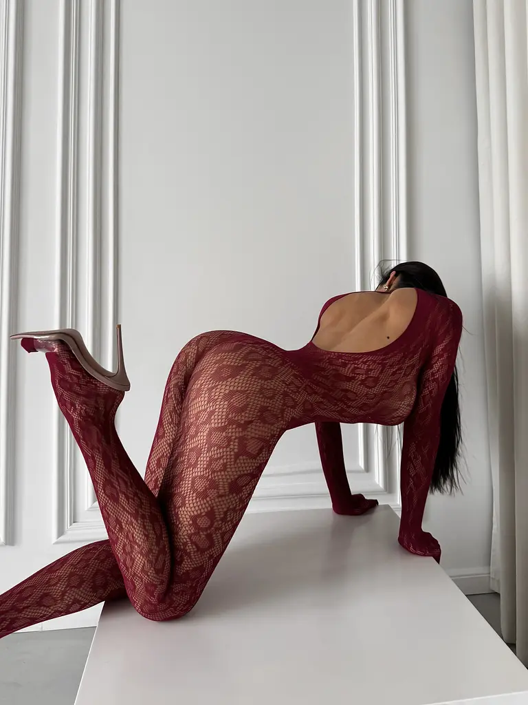 Бодістокінг жіночий закритий у леопардовий принт бордовий S/M/L - фото 11