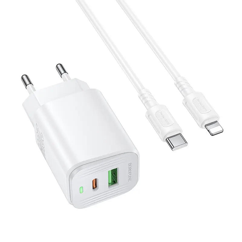 Мережевий зарядний пристрій з кабелем BOROFONE BAS83A Star PD20W+QC3.0 charger set (C to iP) (EU) Білий - фото 3