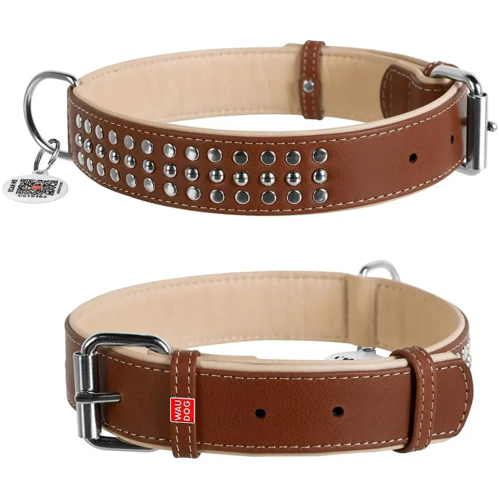 Нашийник для собак Waudog Soft, шкіряний, з металевими прикрасами, з QR паспортом, 57-71х3,5 см, коричневий - фото 3