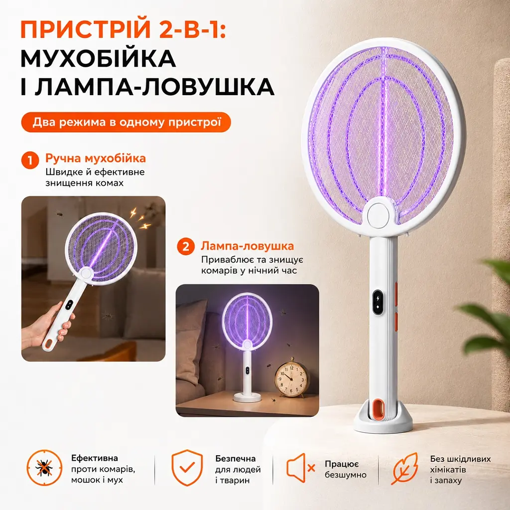 Електрична мухобійка від комарів USB 2 в 1, лампа-пастка для комах, знищувач мух і комарів - фото 7
