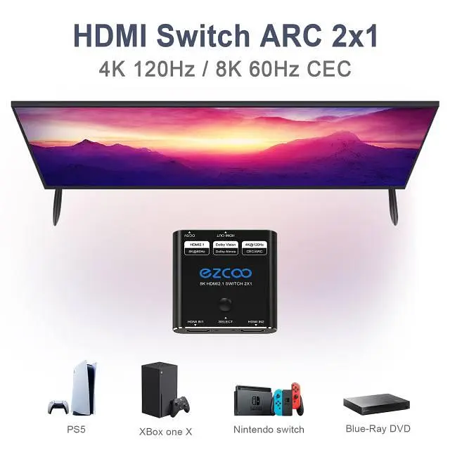 HDMI-перемикач 8K60 Гц 2 входи 1 вихід, 4K120 Гц 2X1 з кнопковим перемикачем, підтримує 48 Гбіт/с, CEC, ARC - фото 9