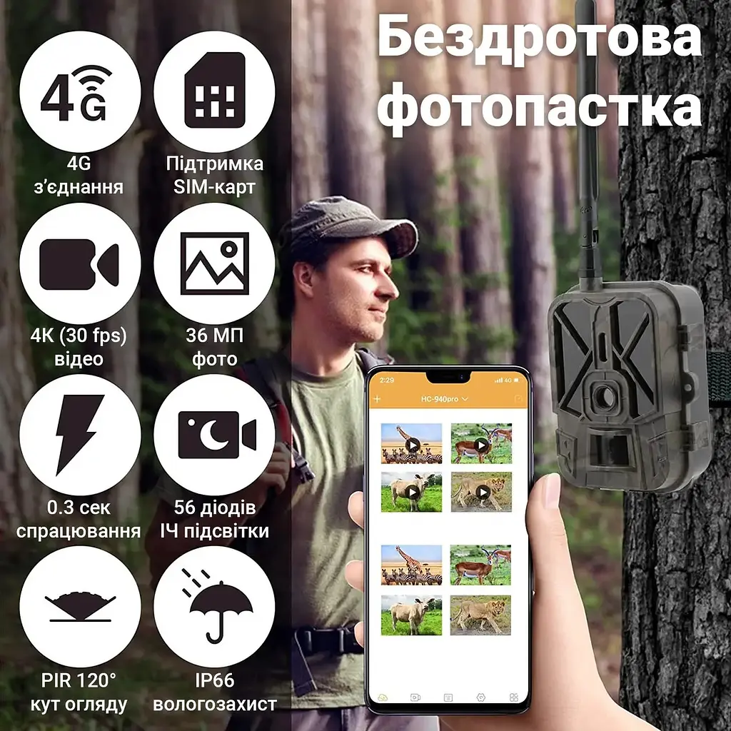 Фотоловушка 4G камера для охоты с аккумулятором 8000 мАч Suntek HC-940Pro, передача 4К видео на смартфон (100968) - фото 5