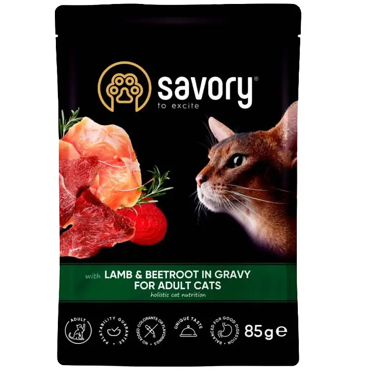 Вологий корм для котів Savory шматочки з ягням та буряком в соусі 85 г