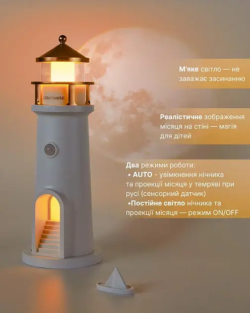 Нічник маяк з проекцією місяця з датчиком руху LightHouse 3D - фото 6