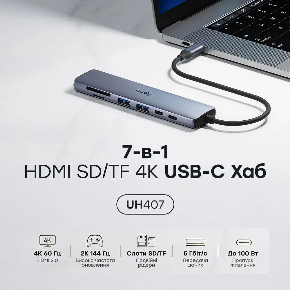 USB-C хаб 7-в-1 Cudy UH407 HDMI 4K@60Hz, 2 USB-A, 2 USB-C, SD-card, TF-card (73-00672) - фото 3