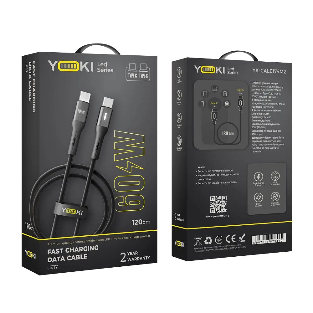 Кабель для заряджання та обміну даними USB Yoki YK-LE17 LED Series Type-C to Type-C 60W 3A/20V 1.2 m Black - фото 2
