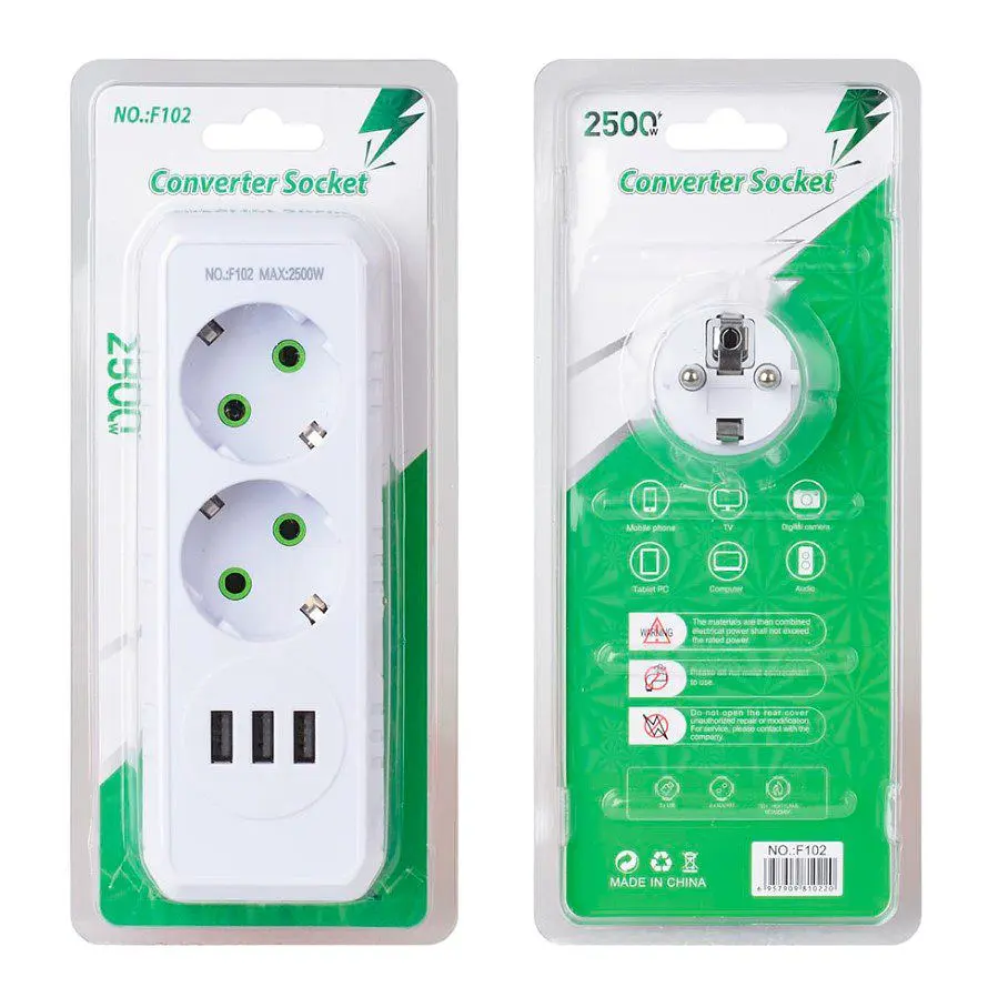 Розетка двойник с заземлением Voltronic F-102 White, 2 розетки+3USB (1А), 2500W, 10A, 110-250V - фото 2