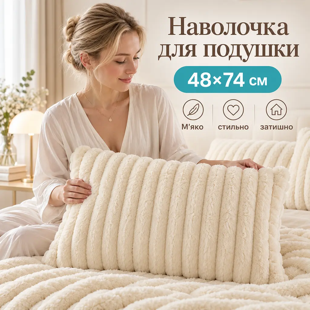 М'яка плюшева хутряна наволочка Solve молочна 48 x 74 см (KT9001001) - фото 2