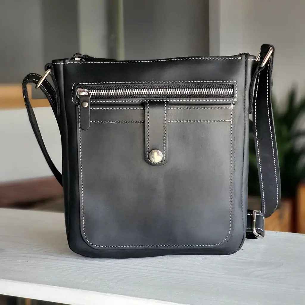 Чоловіча шкіряна сумка планшет GS 22*20*3 см чорна з сірою стрічкою (ПЛ 001 черн/сер) 200 мм - фото 2