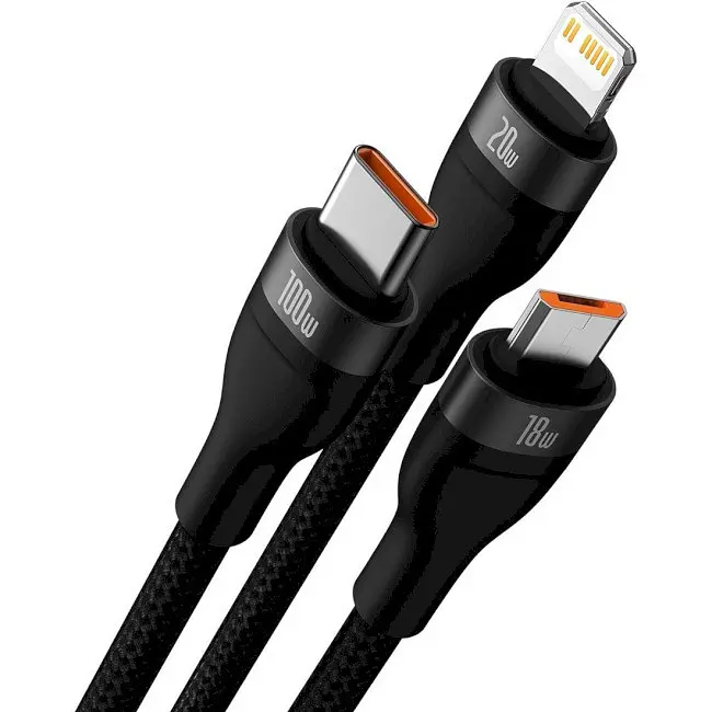 Кабель Baseus Flash Series Ⅱ 3-in-2 Cable USB+Type-C to MicroUSB+Lightning+Type-C 100W 1.2m CASS030101 Black - фото 2