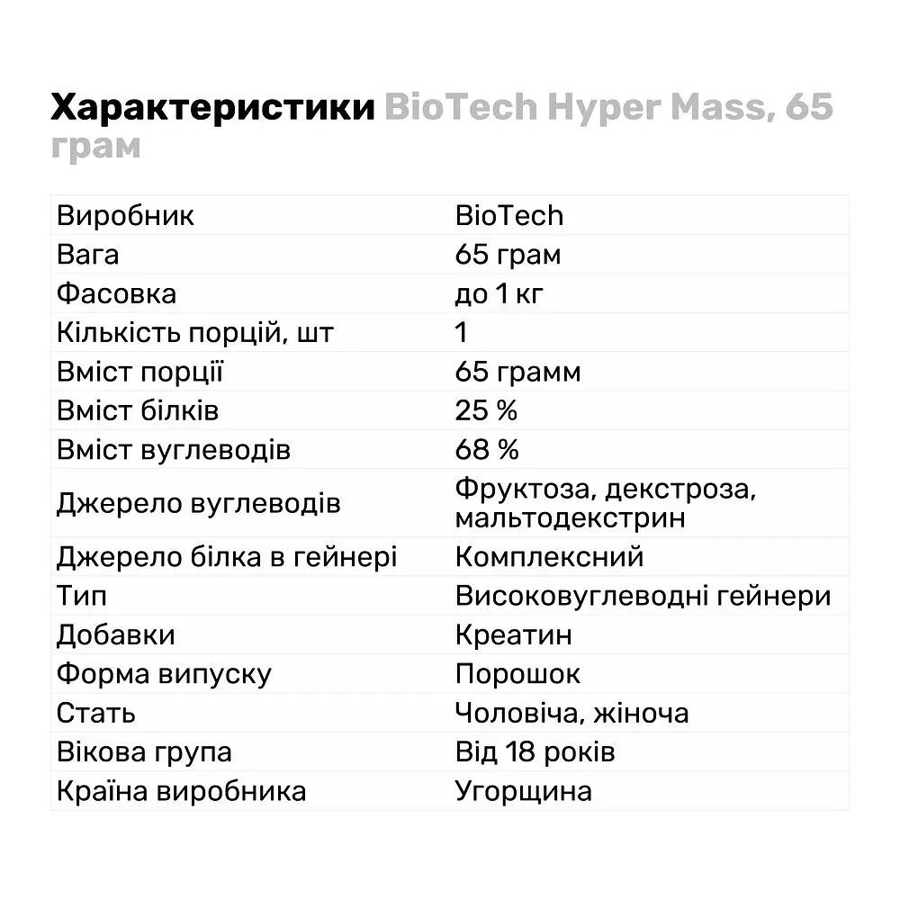 Гейнер BiotechUSA Hyper Mass Шоколад 65 г - фото 3