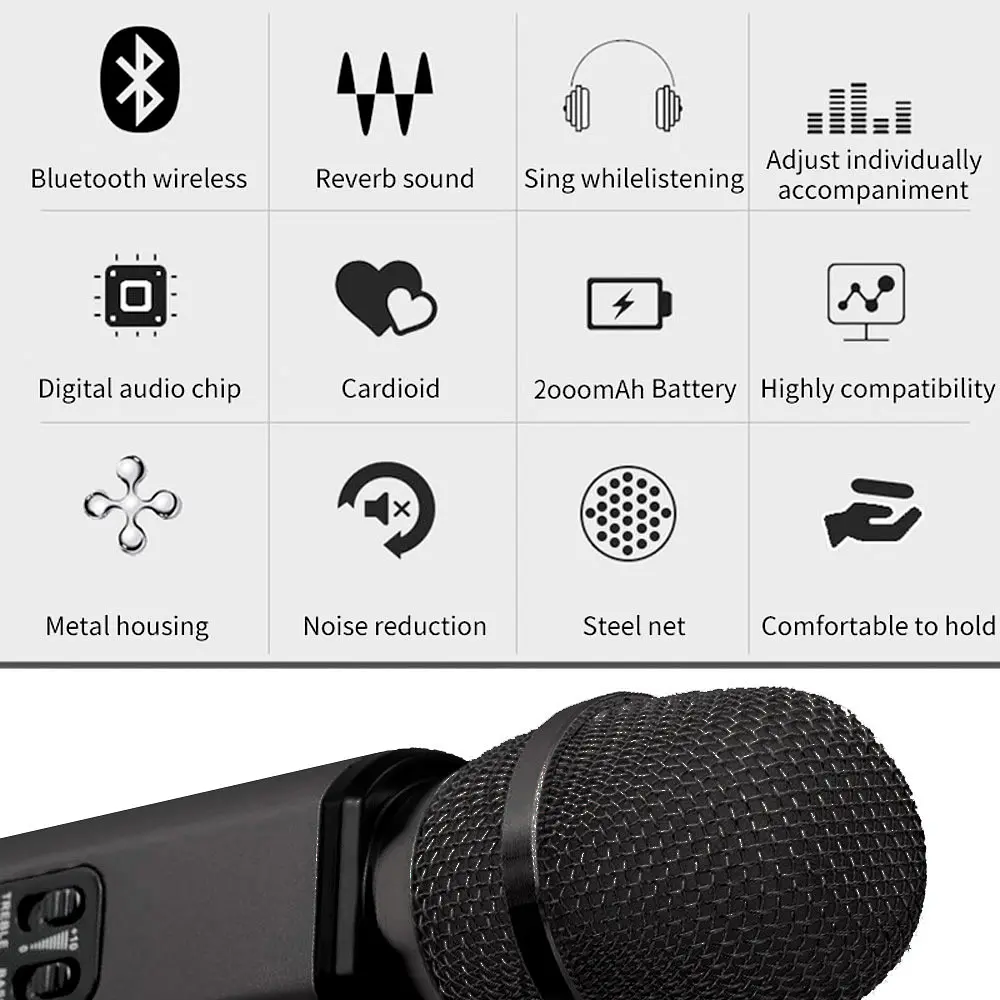 Караоке-микрофон беспроводной Losso K6 Premium со встроенным динамиком и Bluetooth Black (18963) - фото 4