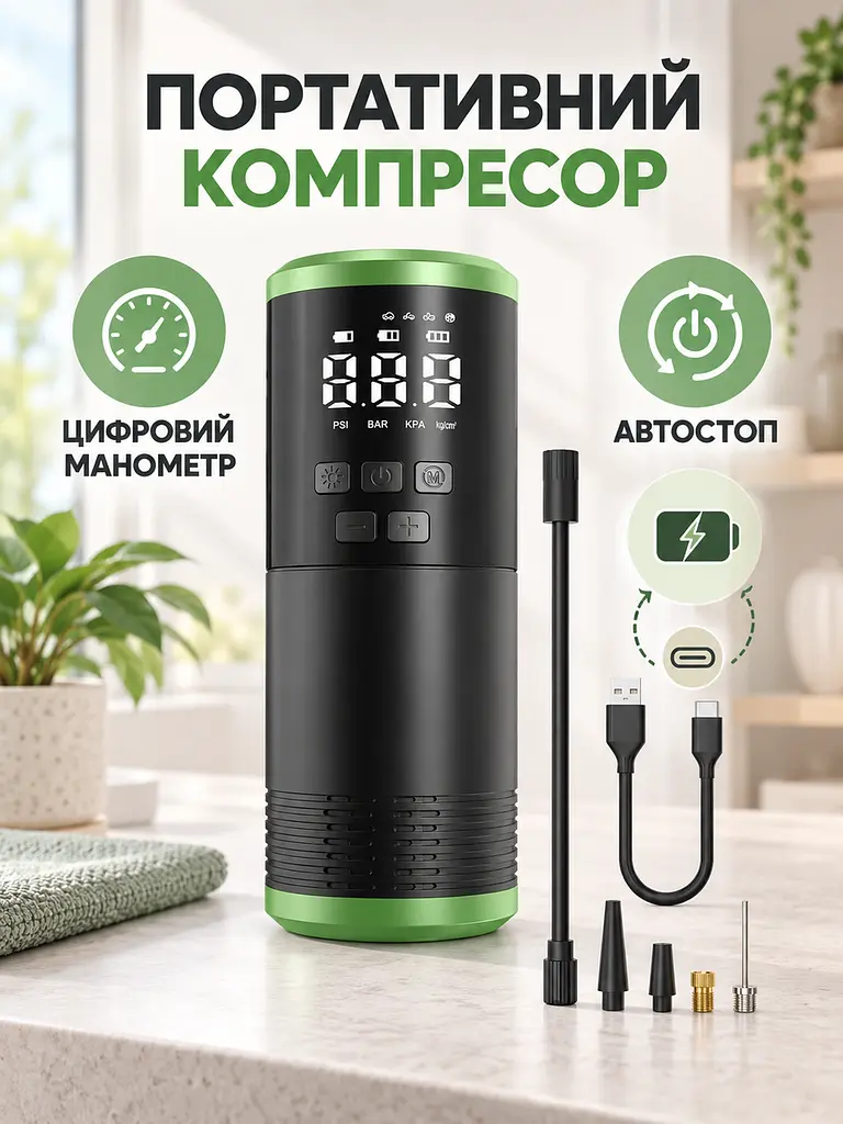 Автомобільний компресор акумуляторний з цифровим манометром, автостопом, LED та набором насадок, чорно-зелений (49676386) - фото 2