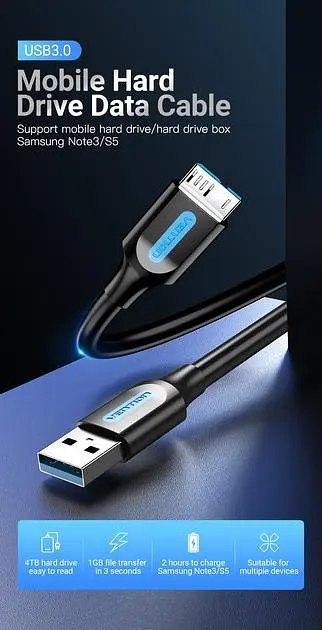 Кабель Vention 0.25м USB 3.0 - Micro USB Type-B 5 Гбіт/с 5V/3A USB 3.0 A на Micro-B для Жорских Дисків Чорний (COPBC) - фото 2