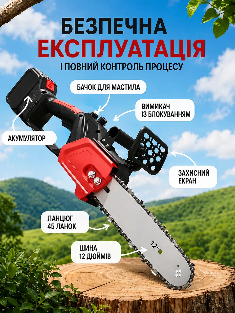 Акумуляторна ланцюгова пила 12" 48V - з 2 акумуляторами та кейсом, червона / чорна (49675846) - фото 3