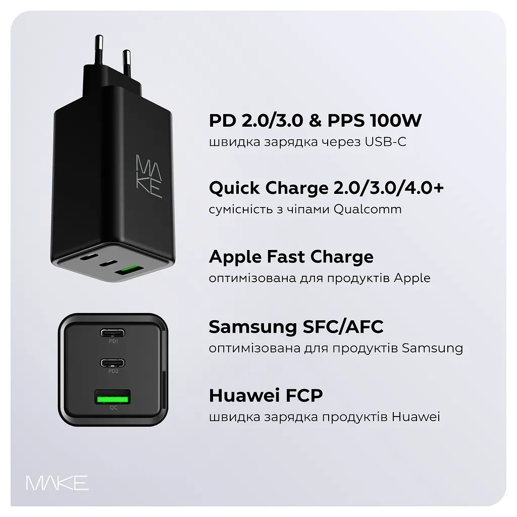 Зарядний пристрій мережевий MAKE 100W GaN3 2xType-C PD3.0 + USB QC4.0 Black - фото 3