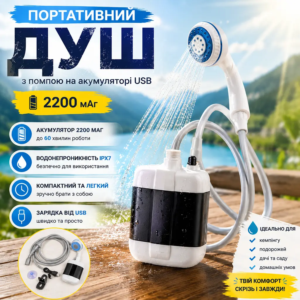 Кемпінговий душ з акумулятором 2200 мАг USB, переносний душ для туризму, автомобіля та саду - фото 4