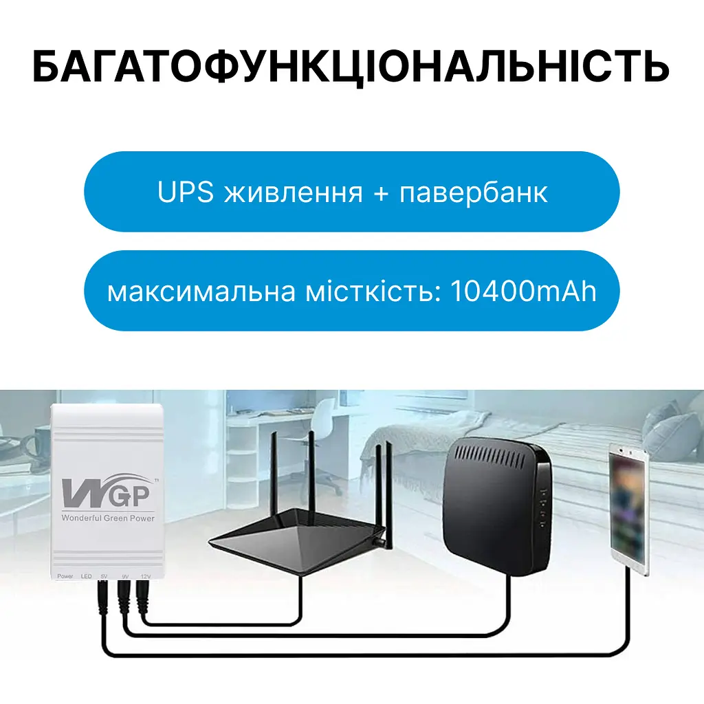 Powerbank UPS для роутера ДБЖ MINI DC 10400mah, 5v - 9v 12v - 32.56Wh УПС Джерело безперебійного живлення безперебійник WGP 103A-5912 - фото 4