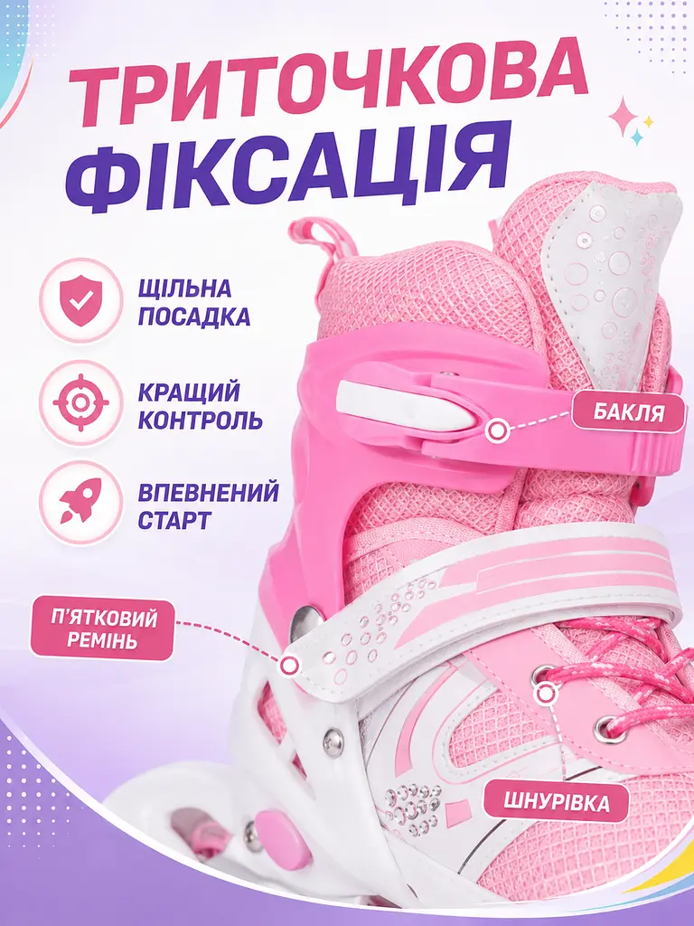 Дитячі ролики для дівчинки М 35-38, розсувні з колесом що світиться рожеві (49676206) - фото 5