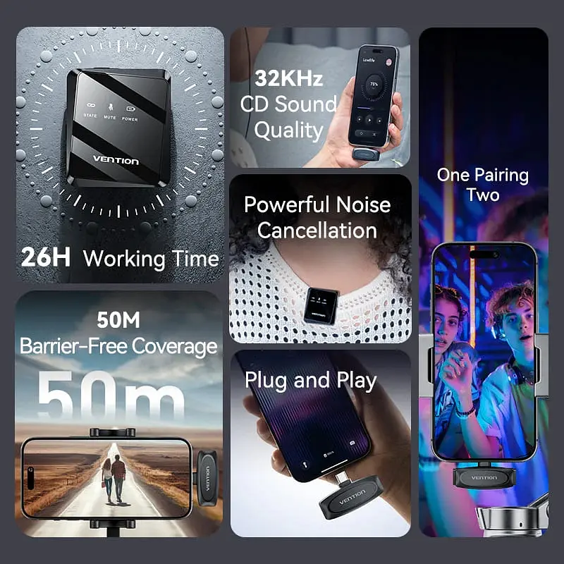 Беспроводной двойной петличный микрофон Vention USB-C 2-Pack Wireless Lavalier Black - фото 3