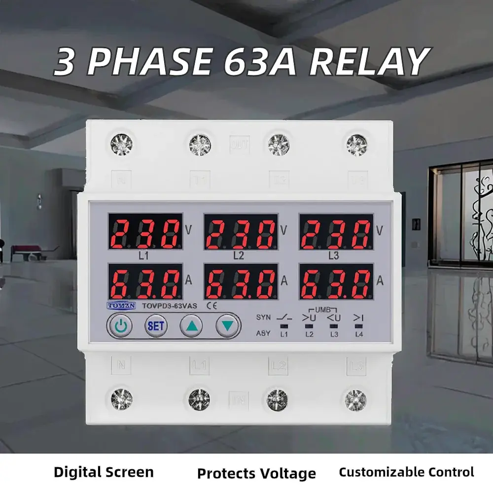 Цифрове реле контролю напруги та струму трифазне TOMZN TOVPD3-63VAS 63A 3x220V Розумний захисний автомат змінного струму (19600) - фото 3