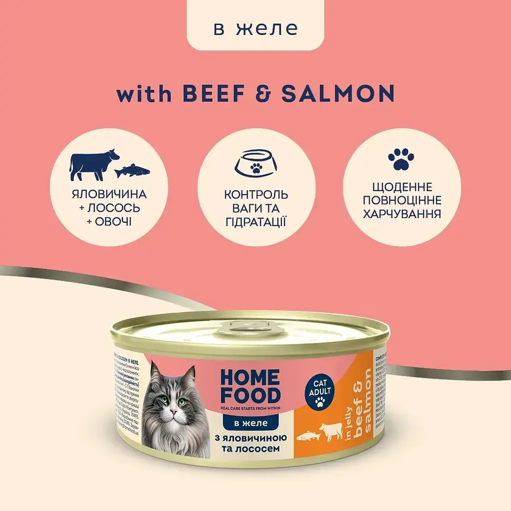 Полнорационный консервированный корм Home Food для взрослых кошек с говядиной и лососем в желе 85 г - фото 2